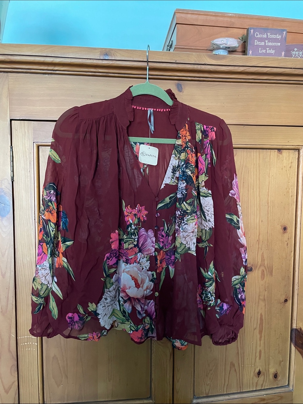 Anthropologie Burgundy Floral Sheer V-Neck Blouse